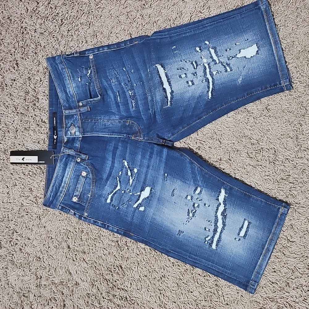 NWT 7TH HVN Jean Shorts Distressed Ripped Stretch Blue Denim 30 Jorts Stretch
